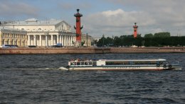 The Old Saint Petersburg Stock Exchange and Rostral Columns seen from the Neva River