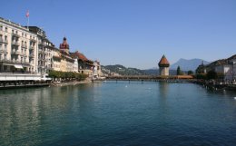 Along the Reuss River in Lucerne's Old Town, Mount Rigi in background