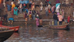 Ghats along the River Ganges in Varanasi, India at sunrise