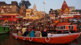 Ghats along the River Ganges in Varanasi, India at sunrise
