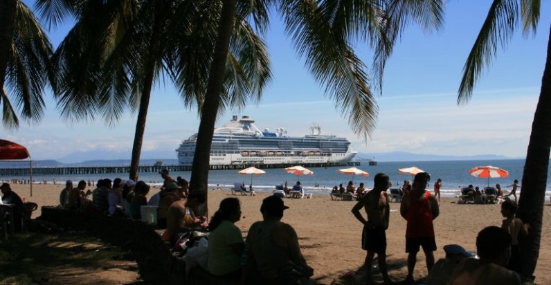 The Island Princess docked behind the beach in Puntarenas, Costa Rica