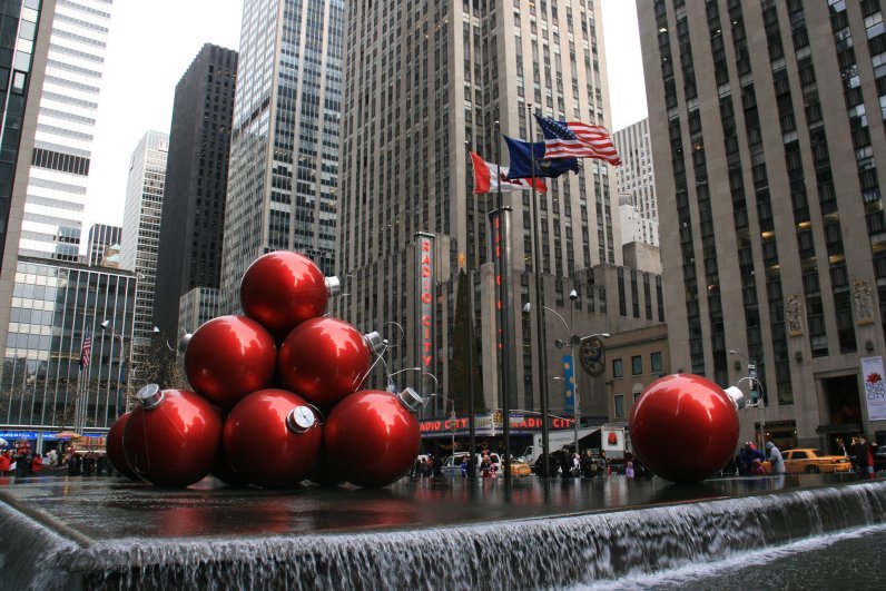 Giant red ornamnets across from Radio City