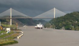 Sailing toward the Centennial Bridge in the Panama Canal