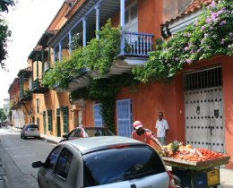 The narrow streets and colonial architecture in the old town of Cartagena, Colombia